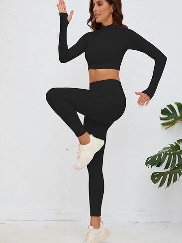 X-SNOW FALCON Women's Workout Yoga Sets 2 Piece Seamless Leggings High Neck Crop Tops Active Wear Outfits in Saudi Arabia