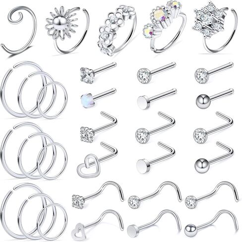 Kridzisw 18G 20G حلقات الأنف هوب الجراحية الصلب على شكل حرف L حلقات الأنف ترصيع الزنمة الغضروف اللولب أقراط ثقب هوب 32 قطعة in Kuwait