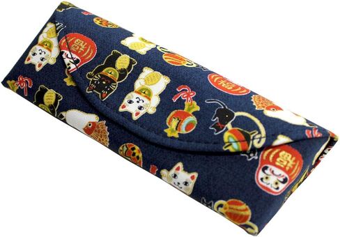 حافظة نظارات/نظارات شمسية يابانية تقليدية مصنوعة من قماش شيريمن بغطاء صلب Manekineko (قطة بيكونينج) تصميم دمية داروما (كحلي) in Saudi Arabia