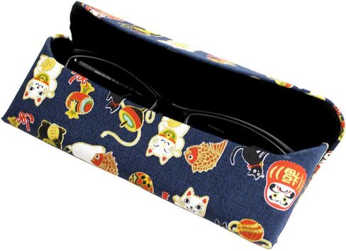 حافظة نظارات/نظارات شمسية يابانية تقليدية مصنوعة من قماش شيريمن بغطاء صلب Manekineko (قطة بيكونينج) تصميم دمية داروما (كحلي) in Saudi Arabia
