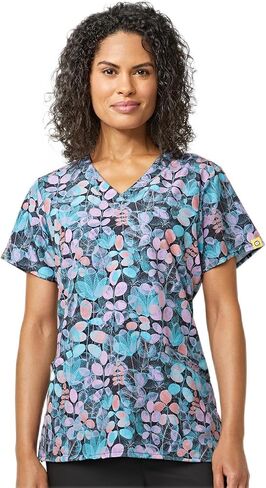 Wink Women's Stretch Border V-Neck Print Scrub Top in Kuwait