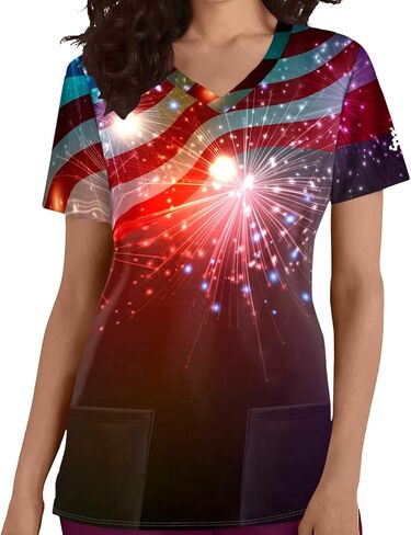 July 4th Scrub Tops Women Retro American Flag Print Short Sleeve Workwear V Neck Pockets Working Uniform Shirts in Saudi Arabia