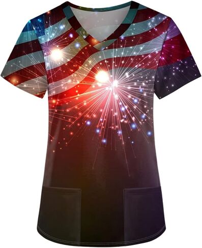 July 4th Scrub Tops Women Retro American Flag Print Short Sleeve Workwear V Neck Pockets Working Uniform Shirts in Saudi Arabia