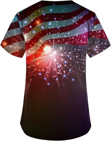 July 4th Scrub Tops Women Retro American Flag Print Short Sleeve Workwear V Neck Pockets Working Uniform Shirts in Saudi Arabia