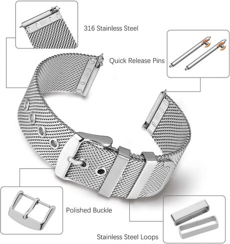 WOCCI Metal Watch Bands for Men and Women, 316L Stainless Steel Woven Mesh, Quick Release Replacement Straps, 12mm 14mm 16mm 18mm 20mm 22mm in Kuwait