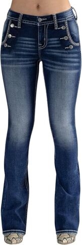 Miss Me Women's Mid Rise Sailor Buttons Trouser Bootcut Jeans with Faux Flap Pockets in Saudi Arabia