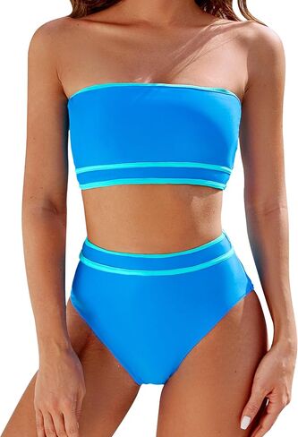 BMJL Women's High Waisted Bikini Bandeau Two Piece Swimsuit Color Block High Cut Bathing Suits with Removable Straps in Saudi Arabia