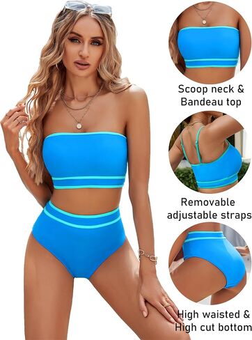 BMJL Women's High Waisted Bikini Bandeau Two Piece Swimsuit Color Block High Cut Bathing Suits with Removable Straps in Saudi Arabia