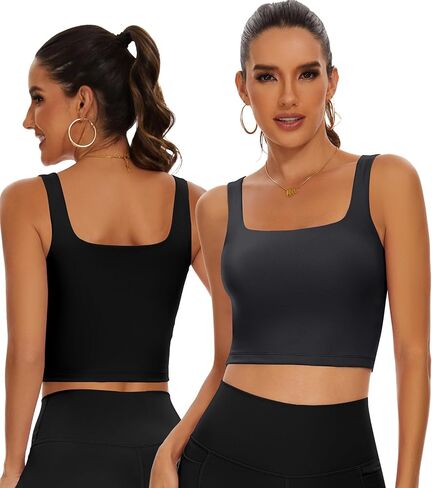 TAIPOVE حمالة صدر رياضية مبطنة طويلة للتمرين، بلوزة قصيرة برقبة مربعة، صدرية رياضية لليوجا والجيم، 2 عبوة in Kuwait