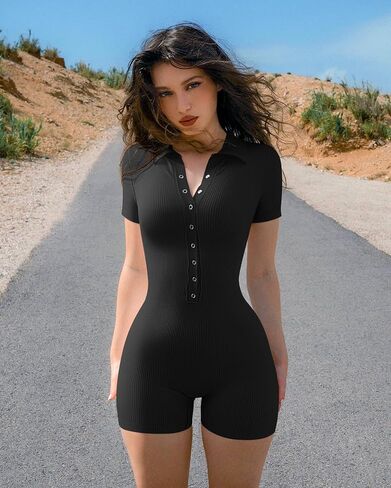 OQQ Women Yoga Rompers Ribbed V Neck Stretch Tummy Control Exercise Rompers in Saudi Arabia