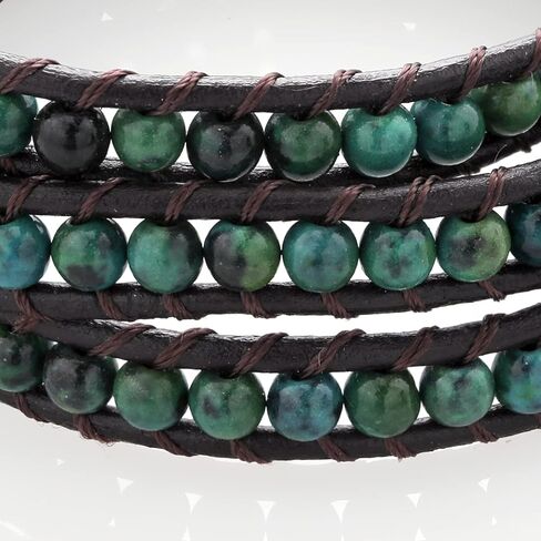 سوار من الجلد البني الداكن مقاس 53.34 سم من Gem Stone King مزين بخرز أزرق/أخضر للنساء مع قفل بزر كبس in Kuwait