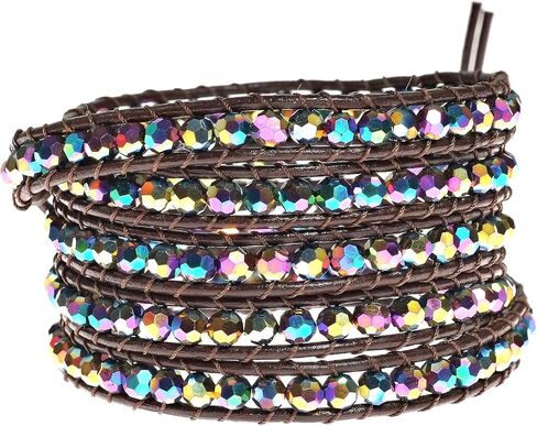 AeraVida Mystique Rainbow Fashion Crystal Five Black Leather Wrap Bracelet in Saudi Arabia