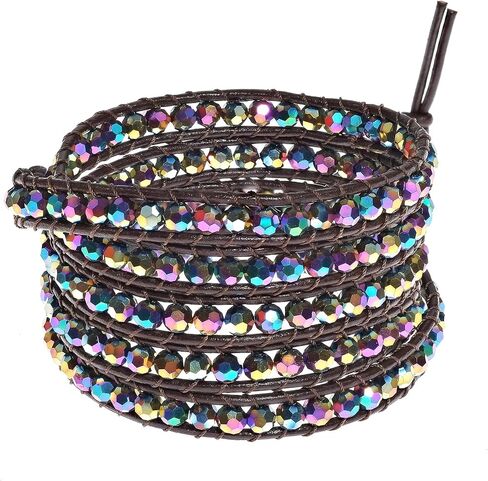 AeraVida Mystique Rainbow Fashion Crystal Five Black Leather Wrap Bracelet in Saudi Arabia