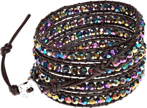 AeraVida Mystique Rainbow Fashion Crystal Five Black Leather Wrap Bracelet in Saudi Arabia