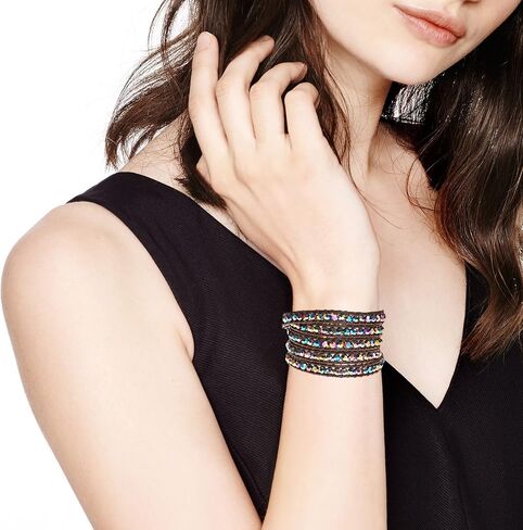 AeraVida Mystique Rainbow Fashion Crystal Five Black Leather Wrap Bracelet in Saudi Arabia