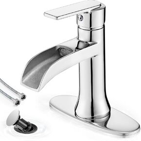 Brass Waterfall Bathroom Faucets One Hole, Matte Black Faucet Bathroom, 4 Inch 1 Hole or 3 Hole Bathroom Vanity Faucet, 1 Handle Farmhouse Bathroom Sink Faucet with Drain & Deck Plate Save Water