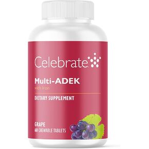 Celebrate Vitamins Multi ADEK Chewables, 60mg Iron - Daily Bariatric Multivitamin, Vitamins A, D, E, K & B12 for Duodenal Switch Surgery Patients - Grape (60 Tablets)