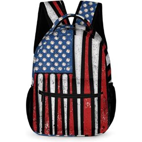 American Flag Baseball Backpack for Boys, Vintage Patriotic USA Baseball Theme Backpack, Boys Baseball Backpack for School, Elementary Middle High School Bookbags, 16 Inch, White Red Blue