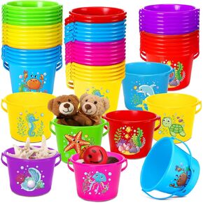Leitee 50 Pieces Mini Plastic Beach Pail 6.3 Inch Small Sand Bucket Colored Beach Pails Set for Kids Toddlers Birthday Party Favors Prize Summer Outdoor Sand Molds Game