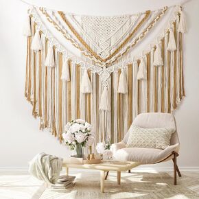 EISKBC Macrame جدار معلق، فن جداري كبير من نسيج Macrame، نسيج بوهو منسوج من خيوط الغزل، ديكور جدار فوق السرير لديكور المنزل في غرفة النوم، شكل لافتة بوهيمية 78 بوصة طول * 41 بوصة ارتفاع (بدون عصا خشبية) in Kuwait