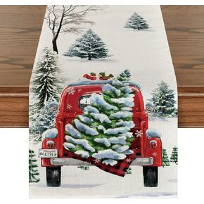 Artoid Mode Waterclor Snow Tree Truck Christmas Table Runner, Seasonal Winter Xmas Holiday Kitchen Dining Table Decoration for Indoor Outdoor Home Party Decor 13 x 72 Inch