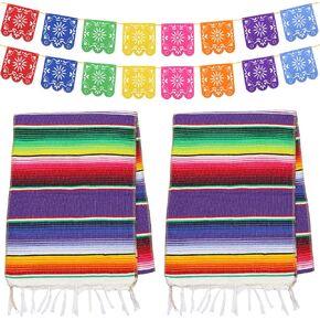 Dreamtop 2 Packs Mexican Table Runner 14 x 84 inch, Serape Table Runner for Mexican Party Wedding Decorations Outdoor Picnics Dining Table, Fringe Cotton Table Runners with 2 Pack Mexican Party Picado