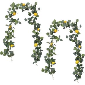 2Pcs 12.8Ft Artificial Lemon Garland Spring Summer Eucalyptus Greenery Garland with Lemons Faux Fruit Vine Garlands for Door Wall Mantle Wedding Party Table