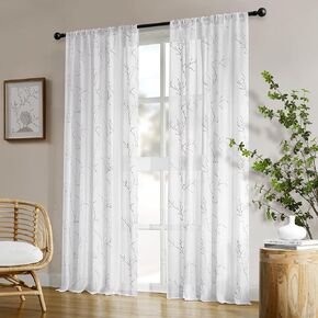 HOMEIDEAS Taupe Sheer Curtains 52 X 84 Inches Length 2 Panels Embroidered Branch Pattern Pocket Faux Linen Floral Semi Sheer Voile Window Curtains/Drapes for Bedroom Living Room