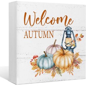 Fall Wooden Signs Decor Welcome Autumn Fall Pumpkin Lantern Leaves Thanksgiving Wood Box Sign Desk Decor,Rustic Fall Seasonal Wooden Block Sign for Home Farmhouse Wall Tabletop Shelf Decor 5x5 Inch