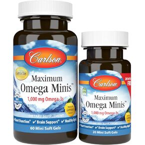 Carlson - Maximum Omega Minis, 1000 mg Omega-3s, Heart Function, Brain Support & Healthy Aging, Lemon, 60+20 Mini Softgels