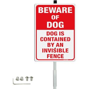 T&R Large Beware of Dog Sign, Dog Contained by an Invisible Fence Sign with 36" Stake for Outside - 14"x10" .040 Rust Free Heavy Aluminum, Reflective, Waterproof, Weatherproof and Fade Resistant, 6 pre-drilled holes,Includes Matching Screws & Wrench, Easy