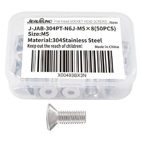 M5 x 8mm Flat Hex Head Socket Cap Screw，304 Stainless Steel，Fully Threaded，Bright Finish，Replacement Fastener Screws，Allen Hex Drive，50PCS