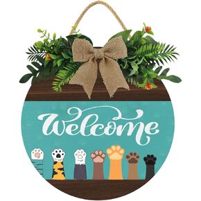 KPSheng Welcome Cute Cat Paws Door Sign, Farmhouse Door Sign for Front Door Porch Decor with Eucalyptus Leaves & Buffalo Bow,12inch Welcome Wreath Sign Hanging for Cats Lovers Christmas Decoration