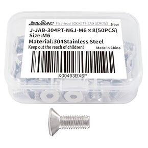 M6 x 16mm Flat Hex Head Socket Cap Screw，304 Stainless Steel，Fully Threaded，Bright Finish，Replacement Fastener Screws，Allen Hex Drive，50PCS