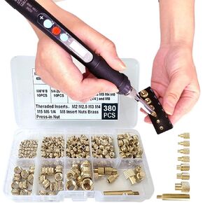 60W Digital Soldering Iron with Heat Set Insert Tool Tips and 380 Pcs Kit Threaded Inserts M2 M2.5 M3 M4 M5 M6(1/4) M8 for inserts 3d printing and plastic