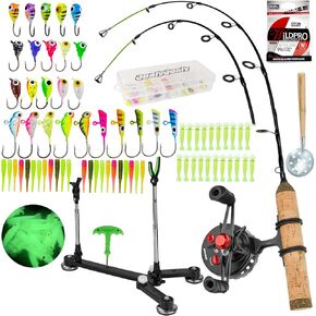 QualyQualy Ice Fishing Rod Reel Combo Complete Set Ice Fishing Gear with Backpack Seat Ice Cleats Ice Fishing Jigs Line Full Ice Fishing Kit