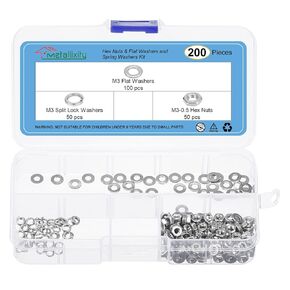 METALLIXITY Hex Nuts Assortment Kit (M3-0.5 Hex Nut with M3 Flat & Lock Washers) 200Pcs, 304 Stainless Steel Hexagon Nut Hardware with Washer