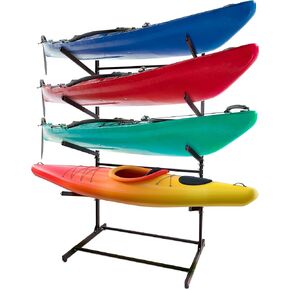 Get Out! Kayak Storage Rack Paddle Boat Stand for Garage, 4 Tier Free Standing Adjustable Outdoor Canoe Holder for Dock with Anchor Points, 420 lb Vertical Stand Alone Outside Paddle Board Floor Stand