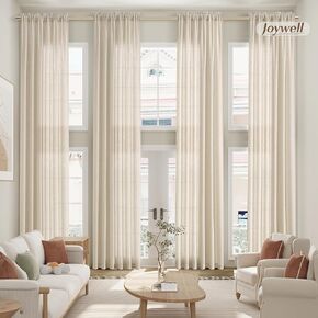 Joywell Extra Long Linen Sheer Curtains 132 Inches Length Long for High Tall Ceiling Living Room,Rod Pocket Light Filtering Drapes for 2 Story Large Window Bedroom,W52 x L132,Natural Beige,1 Panel