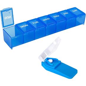 EZY DOSE Weekly (7-Day) Medication Management Bundle, Pill Case, Medicine Planner, Vitamin Organizer Box with Pill Cutter, Convenient and Easy to Use, Travel Friendly, Colors May Vary, BPA Free