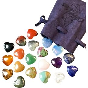 Heart Shaped Healing Crystals Set of 20 Unique GemstoneTypes HIgh Energy Chakra Balancing Palm Pocket Stones with Info Card, Premium Pouch and Display Frame, Reiki Enhanced