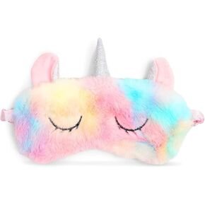 Unicorn Sleeping Eye Mask, Satin Faux Fur Travel Eye Cover Women, Teens, Girls (7.5 x 6 In)