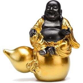 BRABUD Resin Laughing Buddha Sitting on Gourd Statue Attract Wealth Lucky Black & Gold Home Desk Decor 5.9inches (H) TQGJBS261