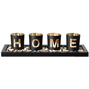 Candle Holder Set, Includes Ornamental Earth Stones Black Wood Tray and 4 Glass Cups Featuring ‘HOME’ Wording, Decorative Holiday Gift for your Loved One.