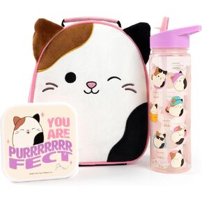 Squishmallows Girls Lunch Bag Set | Kids 3 Piece Bundle with Fluffy Dinner Bag, Water Bottle & Snack Pot | Childrens Plush Cam the Cat Zip Bag with 3D Ears in Pink & Purple | Back to School Gifts
