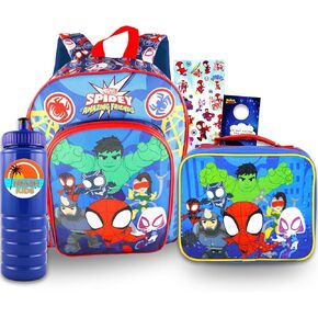 Spidey and His Amazing Friends Backpack with Lunch Box - Bundle with 16" Spidey Backpack, Spidey and Friends Lunch Box, Water Bottle, Stickers, More | Spidey and Friends Backpack for Kids