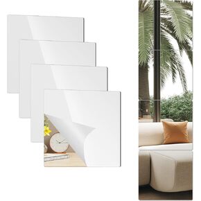 Full Length Wall Mirror Tiles, 12'' x 12'' x 4PCS, 2mm Thickened Full Length Mirror Wall Mounted, Full Body Mirror for Door, Bedroom, Dorm and Home Gym