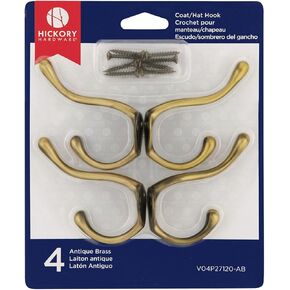 Hickory Hardware V04P27120-AB Multipack Coat Hook Double Antique Brass, 4-Pack, 4 Piece
