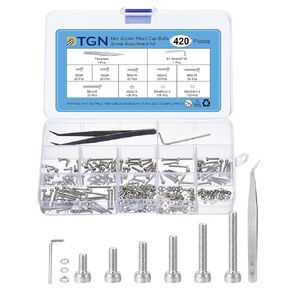 420Pcs M2 Metric Screw Assortment, Bolts and Nuts Kit, 304 Stainless Steel M2x6/8/10/12/16/20mm Hex Socket Head Cap Screws Bolt Set with Wrench, Washers, Tweezers