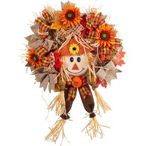 Nearly Natural 30in. Scarecrow Fall Artificial Autumn Wreath with Sunflower, Pumpkin and Decorative Bows